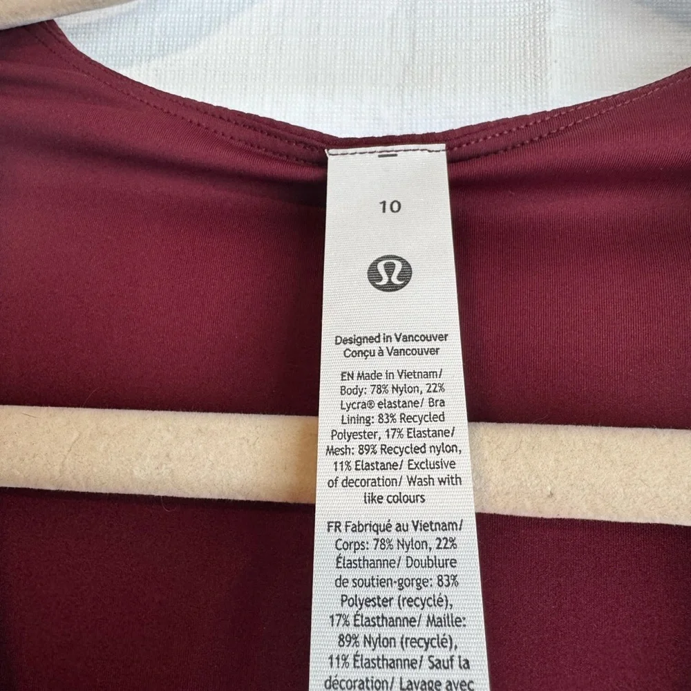Lululemon All It Takes Ribbed V-neck LS B-D cup Nulu. Burgundy Bay size 10